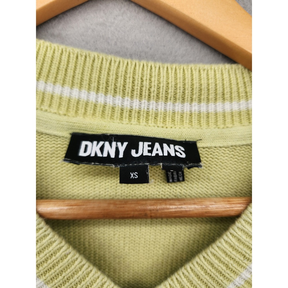 DKNY Jeans XS Cropped Knit Sweater Lime Green Logo Short Sleeve V-Neck Top - Picture 2 of 15